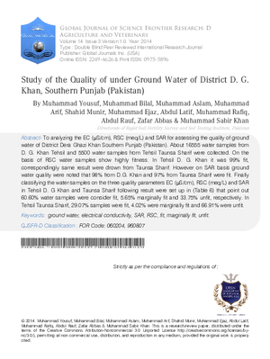 Study of the Quality of under Ground Water of District  D.G.Khan, Southern Punjab (Pakistan)
