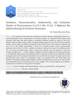 Synthesis, Characterization, Antibacterial, and Extraction Studies of Dioxouranium (Uo22+)Ofn,N-[(4,4-Biphenyl Bis(Methylidene))]Di Nicotinic Hydrazine