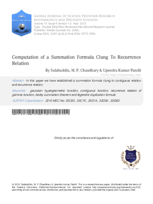 Computation of a Summation Formula Clung to Recurrence Relation