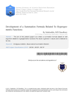 Development of a summation formula related to hypergeometric functions