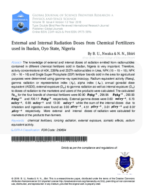 External and Internal Radiation Doses from Chemical Fertilisers  Used in Ibadan, Oyo State, Nigeria