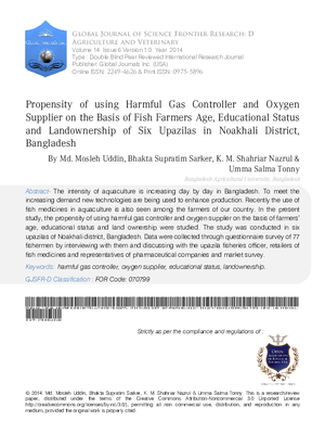 Propensity of using Harmful Gas Controller and Oxygen Supplier on the Basis of Fish Farmers Age, Educational Status and Landownership of Six Upazilas in Noakhali District, Bangladesh