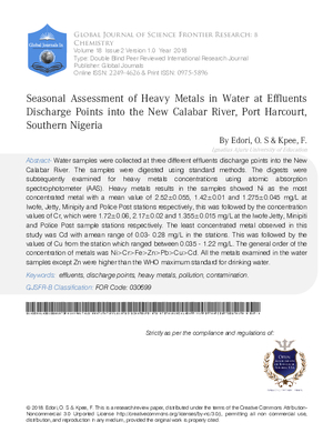 Seasonal Assessment of Heavy Metals in Water at Effluents Discharge Points into the New Calabar River, Port Harcourt,  Southern Nigeria