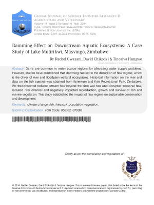 Damming Effect on Downstream Aquatic Ecosystems: A Case Study of Lake Mutirikwi, Masvingo, Zimbabwe