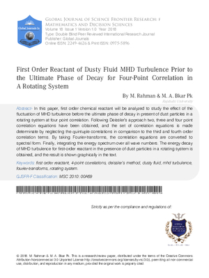 First Order Reactant of Dusty Fluid MHD Turbulence Prior to the Ultimate Phase of Decay for Four-Point Correlation in a Rotating System