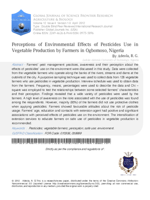 Perceptions of Environmental Effects of Pesticides Use in Vegetable Production by Farmers in Ogbomoso, Nigeria