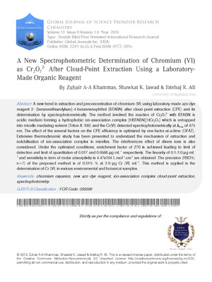 A New Spectrophotometric Determination of Chromium (VI) As Cr2O72- After Cloud-Point Extraction using a Laboratory-Made Organic Reagent