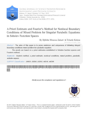 A Priori Estimate and Fouriers Method for Nonlocal Boundary Conditions of Mixed Problem for Singular Parabolic Equations in Sobolev Function Spaces