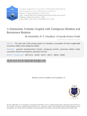 A Summation Formula Coupled with Contiguous Relation and Recurrence Relation