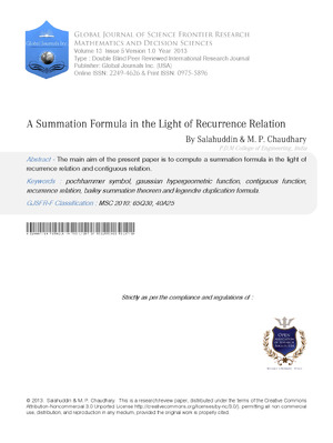 A Summation Formula in the Light of Recurrence Relation
