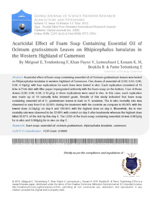 Acaricidal Effect of Foam Soap Containing Essential Oil of Ocimumgratissimum Leaves on Rhipicephaluslunulatus in the Western Highland of Cameroon