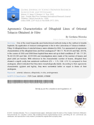 Agronomic Characteristics of Dihaploid  Lines of Oriental Tobacco Obtained in Vitro