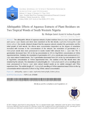 Allelopathic Effects of Aqueous Extracts of Plant Residues on Two Tropical Weeds of South Western Nigeria