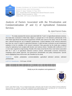 Analysis of Factors Associated With the Privatization and Commercialization (P and C) of Agricultural Extension Services