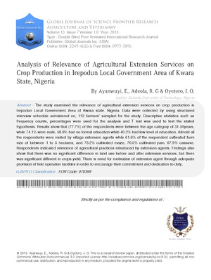 Analysis of Relevance of Agricultural Extension Services on Crop Production in Irepodun Local Government Area of Kwara State,Nigeria