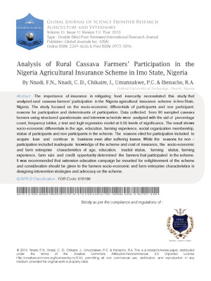 Analysis of Rural Cassava Farmersa Participation in the Nigeria Agricultural Insurance Scheme in Imo State, Nigeria