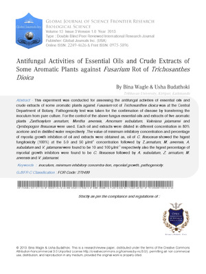 Antifungal Activities of Essential Oils and Crude Extracts of Some Aromatic Plants against Fusarium Rot of Trichosanthes Dioica
