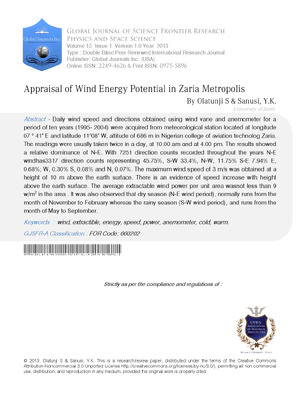 Appraisal of Wind Energy Potential in Zaria Metropolis