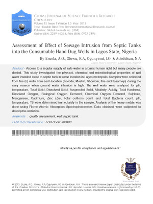 Assessment of Effect of Sewage Intrusion from Septic Tanks into the Consumable Hand Dug Wells in Lagos State, Nigeria
