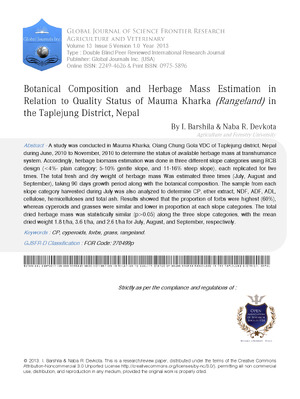 Botanical Composition and Herbage Mass Estimation in Relation to Quality Status of Mauma Kharka (Rangeland) in the Taplejung District, Nepal