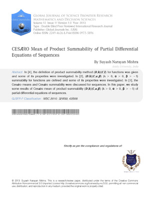 CesARo Mean of Product Summability of Partial Differential Equations of Sequences