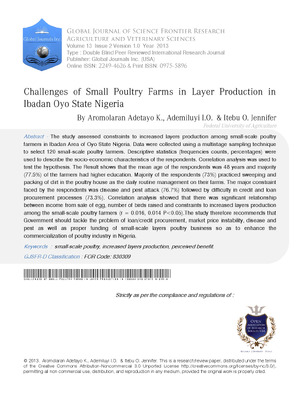 Challenges of Small Poultry Farms in Layer Production in Ibadan Oyo State Nigeria