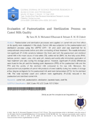 Evaluation of Pasteurization and Sterilization Process on Camel Milk Quality