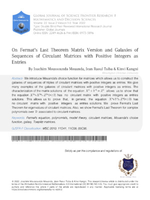 On Fermat's Last Theorem Matrix Version and Galaxies of Sequences of Circulant Matrices with Positive Integers as Entries