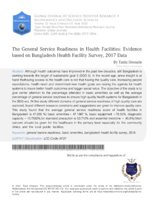 The General Service Readiness in Health Facilities: Evidence based on Bangladesh Health Facility Survey, 2017 Data