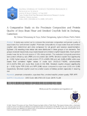 A Comparative Study on the Proximate Composition and Protein Quality of Soya Bean Flour and Smoked Crayfish Sold in Dschang, Cameroon