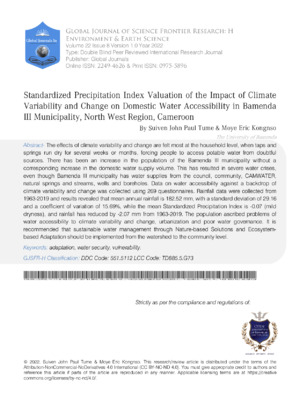 Standardized Precipitation Index Valuation of the Impact of Climate Variability and Change on Domestic Water Accessibility in Bamenda III Municipality, North West Region, Cameroon