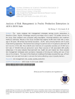 Analysis of Risk Management in Poultry Production Enterprises in Akwa Ibom State