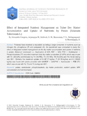 Effect of Integrated Nutrient Management on Tuber Dry Matter Accumulation and Uptake of  Nutrients by Potato (Solanum Tuberosum L.)