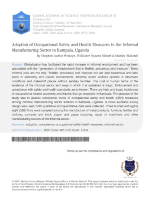 Adoption of Occupational Safety and Health Measures in the Informal Manufacturing Sector in Kampala, Uganda