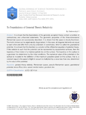 To Foundations of General Theory Relativity