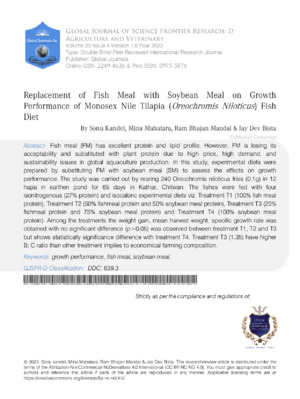 Replacement of Fish Meal with Soybean Meal on Growth Performance of Monosex Nile Tilapia (Oreochromis Niloticus) Fish Diet