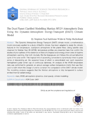 The Dust Planet Clarified  Modelling Martian MY29 Atmospheric Data using the Dynamic-Atmosphere Energy-Transport (DAET)  Climate Model