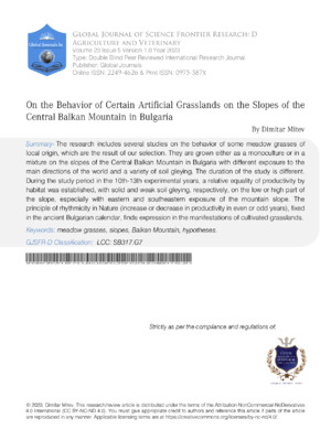 On the Behavior of Certain Artificial Grasslands on the Slopes of the Central Balkan Mountain in Bulgaria.