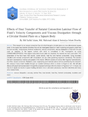 Effects of Heat Transfer of Natural Convection Laminar Flow of Fluid's Velocity Components and Viscous Dissipation through a Circular Heated Plate on a Square Body