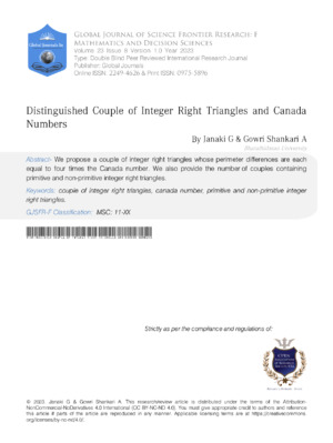 Distinguished Couple of Integer Right Triangles and Canada Numbers