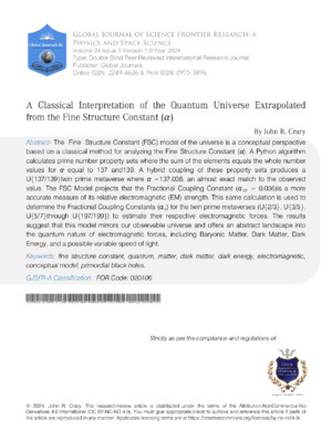 A Classical Interpretation of the Universe Extrapolated from the Fine Structure Constant (α)