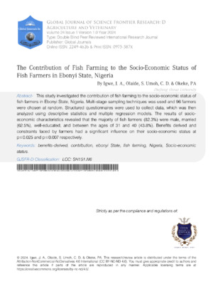The Contribution of Fish Farming to the Socio-Economic Status of Fish Farmers in Ebonyi State, Nigeria