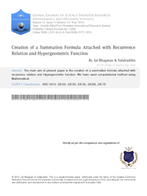 Creation of a Summation Formula Attached with Recurrence Relation and Hypergeometric Function