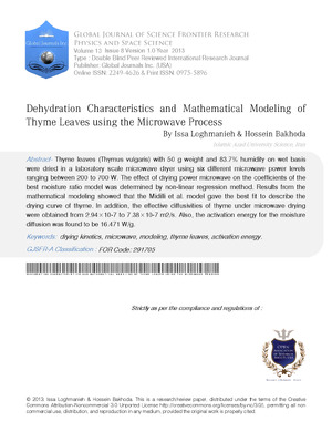 Dehydration Characteristics and Mathematical Modeling of Thyme Leaves using the Microwave Process