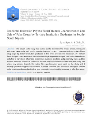 Economic Recession Psycho-Social Human Characteristics and Sale of Fake Drugs by Tertiary Institution Graduates in South-South Nigeria