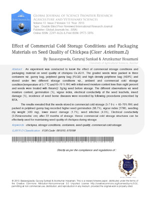 Effect of Commercial Cold Storage Conditions and Packaging Materials on Seed Quality of Chickpea (Cicer arietinum.L)