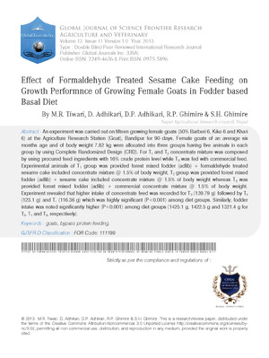 Effect of Formaldehyde Treated Sesame Cake Feeding on Growth Performnce of Growing Female Goats in Fodder based Basal Diet