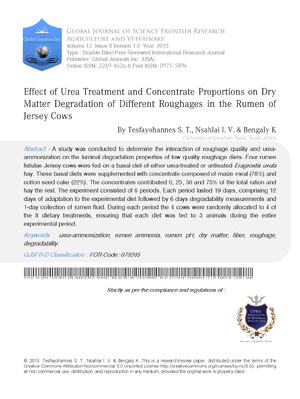Effect of Urea Treatment and Concentrate Proportions on Dry Matter Degradation of Different Roughages in the Rumen of Jersey Cows