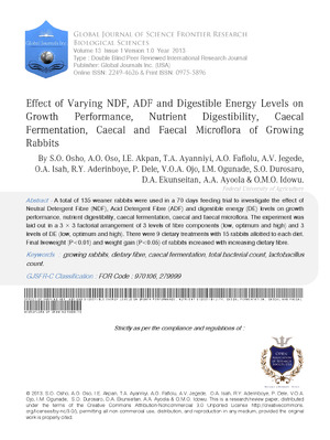 Effect of Varying NDF, ADF and Digestible Energy Levels on Growth Performance, Nutrient Digestibility, Caecal Fermentation, Caecal and Faecal Microflora of Growing Rabbits