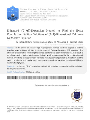 Enhanced (G^/G)-Expansion Method to Find the Exact Complexiton Soliton Solutions of (3+1)-Dimensional Zakhrov-Kuznetsov Equation